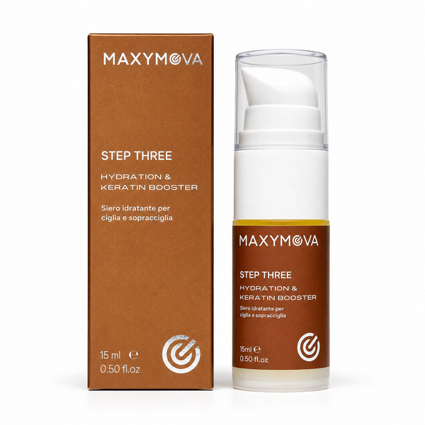 MAXYMOVA Step Three Hydration & Keratin Booster shown with its brown cardboard packaging box and the clear pump bottle with a white cap on a white background.